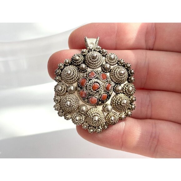 Israeli Made Coral Filigree Beaded Sterling Silver 935 Vintage Pendant - Picture 6 of 10